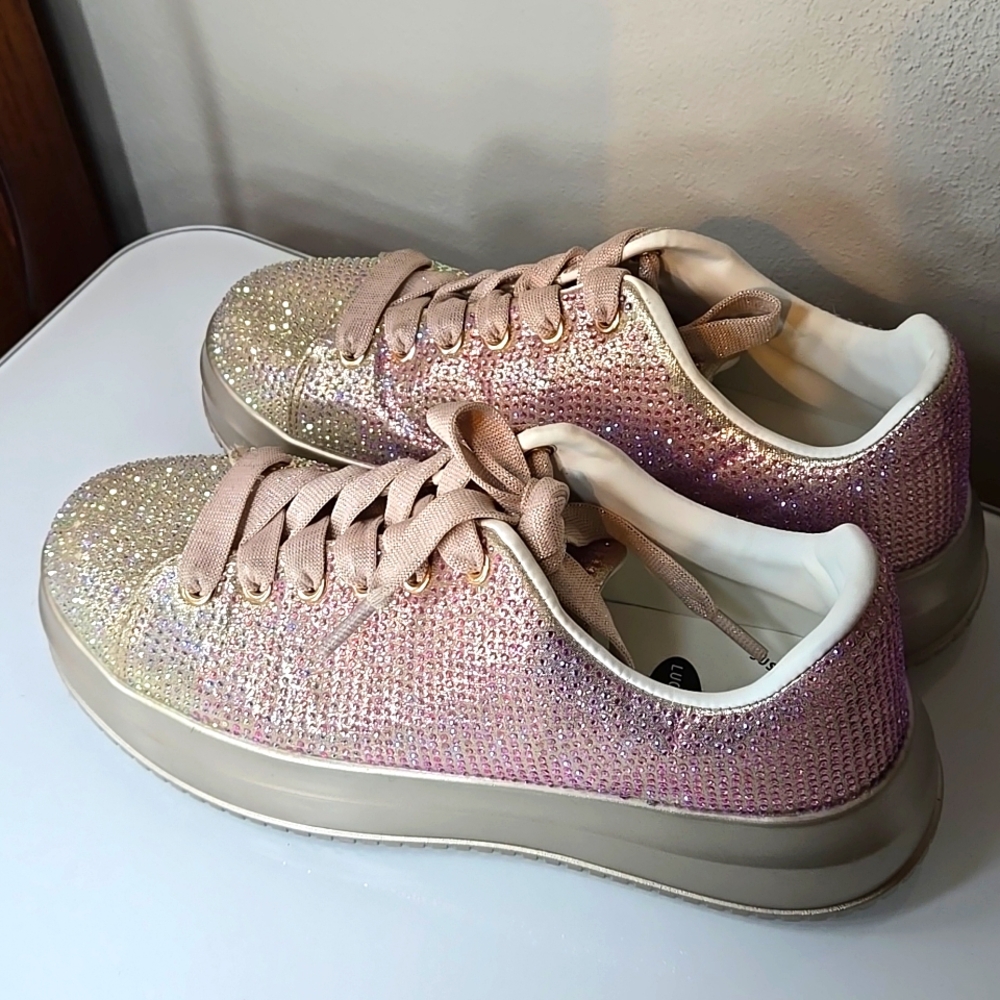 Lucky Step Pink Gold Glitter Tennis Shoe 8